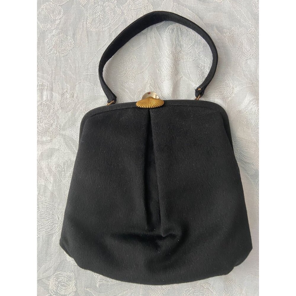 Vtg MM Malama Handbag Purse Black Wool Coin Purse Mirror Satin Lined
